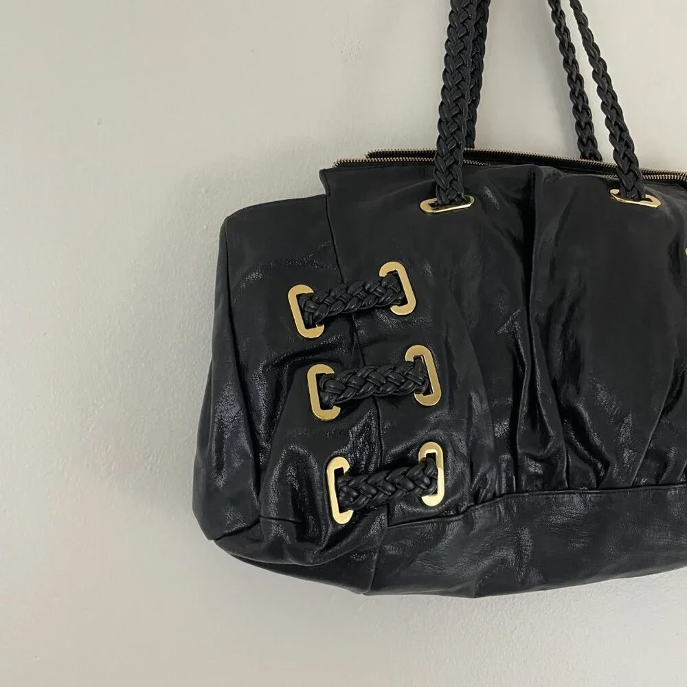 Treesje Black Leather Large Hobo Satchel Bag